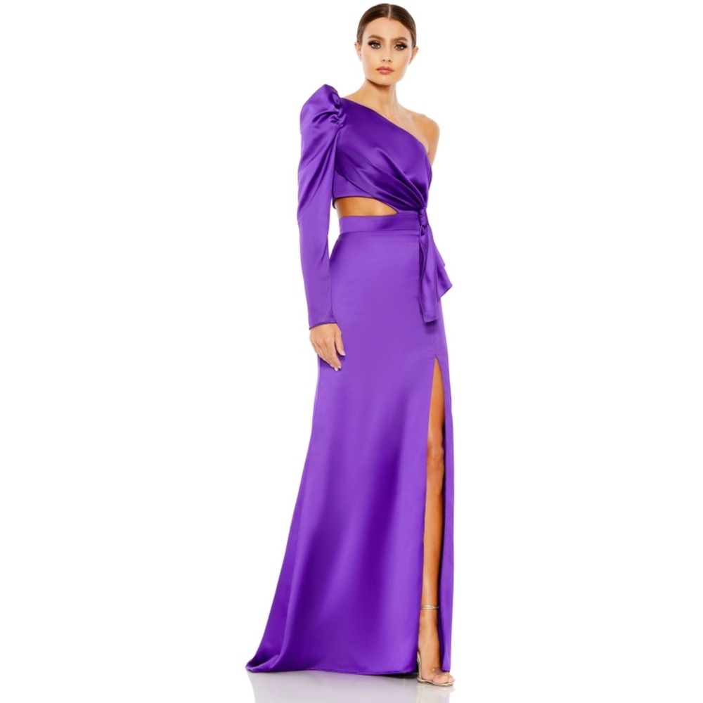 Mac Duggal One Shoulder Puffed Sleeve Satin Gown Purple 49570 Size 0